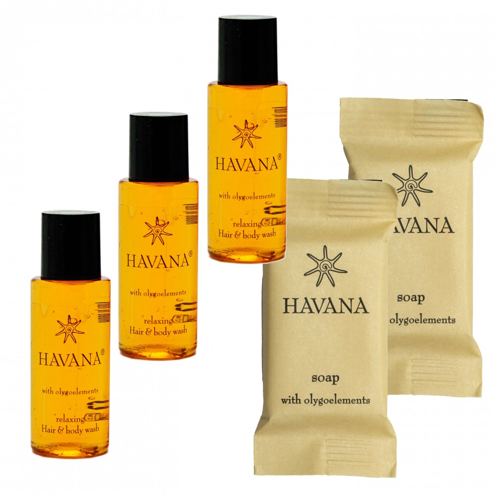 Zestaw kosmetyków dla hoteli Havana szampon-żel 30ml 450szt + mydło 15g 500szt