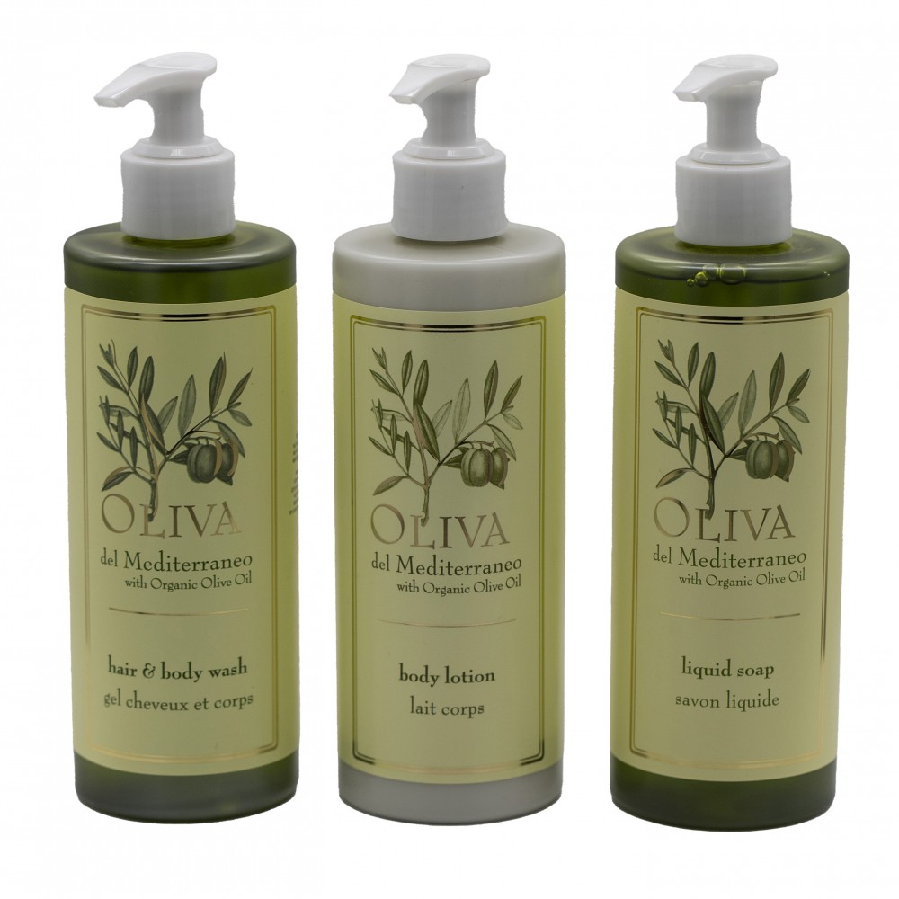 Zestaw kosmetyków 3x300ml Szampon-żel, mydło w płynie i balsam do ciała Oliva w okrągłych butelkach 300ml